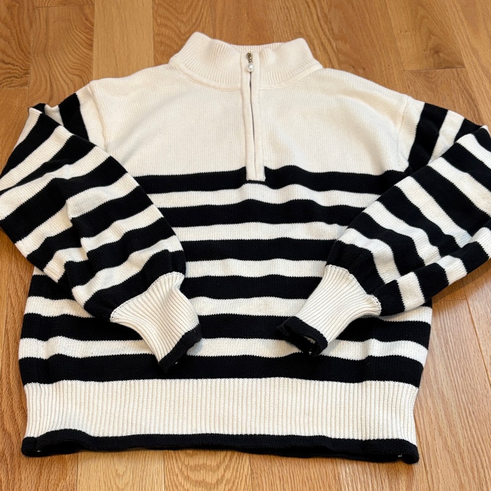 Striped Dark Navy and White Women's Quarter Zip Sweater